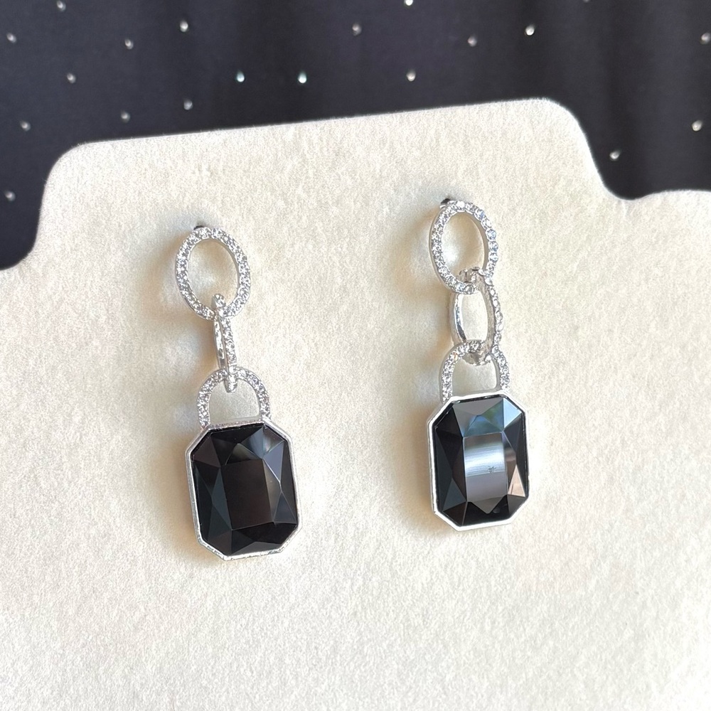 Black Crystal Drop Earrings with Rhinestone Links